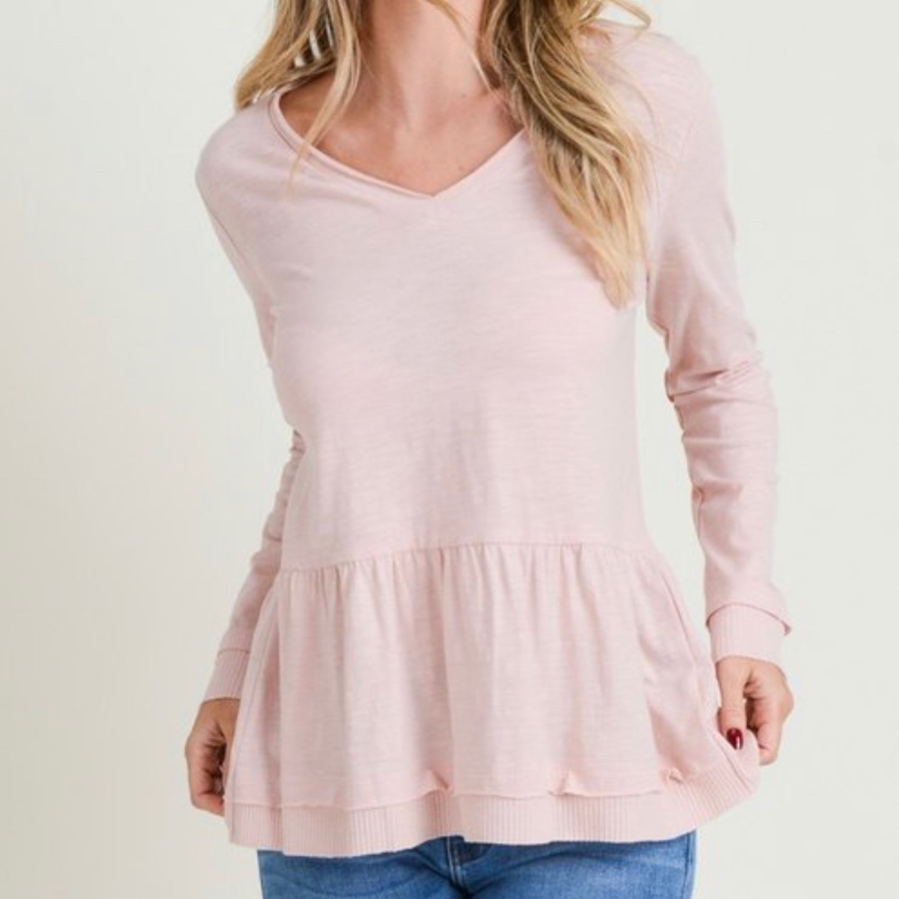 V Neck Long Sleeve Casual Top Blush Pink